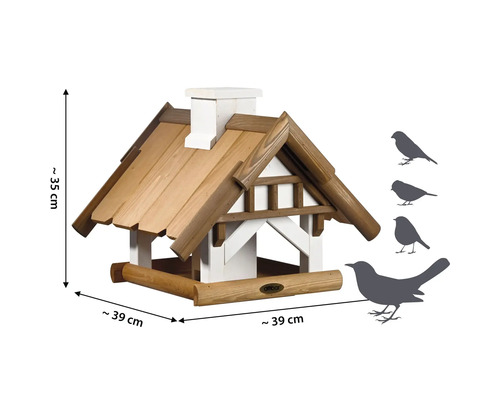 Vogelhaus aus Holz mit den Maßen circa 35 x 39 x 39 Zentimeter und Vogel Silhouette