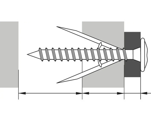 Zeichnung einer Gipskartondübelbefestigung mit Schraube.