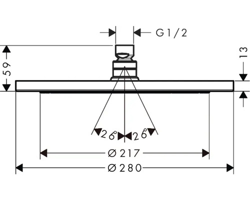 Technische Zeichnung eines Duschkopfes mit Maßangaben
