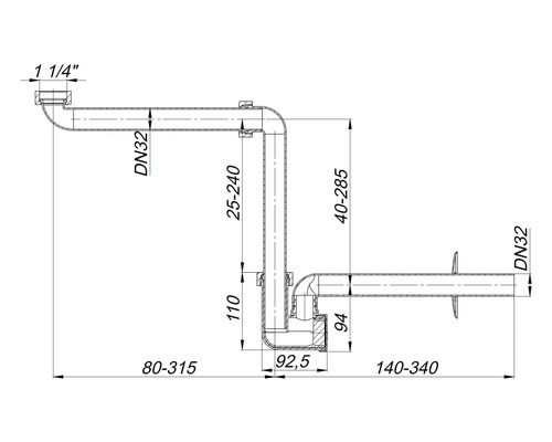 Technische Zeichnung eines Siphon mit Maßangaben.