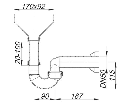 Technische Zeichnung eines Siphons mit Maßangaben