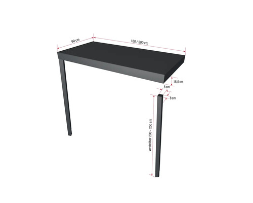 Darstellung eines höhenverstellbaren Tischgestells mit den Maßen 90 mal 160 bis 200 Zentimeter