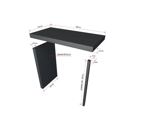 Bauplatte mit Seiten- und Montageteilen sowie Maßangaben