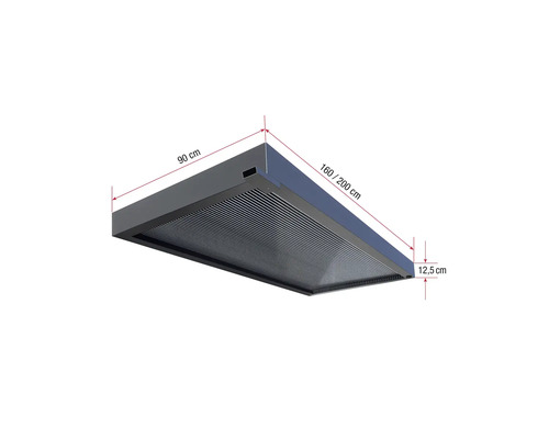Abbildung einer Terrassenüberdachung mit den Maßen 90 cm Breite, 160 beziehungsweise 200 cm Länge und 12,5 cm Höhe.
