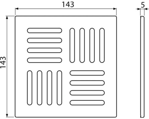 Technische Zeichnung eines quadratischen Lüftungsgitters mit den Maßen 143 x 143 x 5 mm.