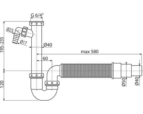 Technische Zeichnung eines Siphons mit Maßen