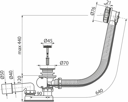 Technische Zeichnung eines Siphons mit Maßangaben