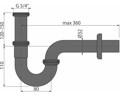 Abflussrohr Siphon mit Maßangaben