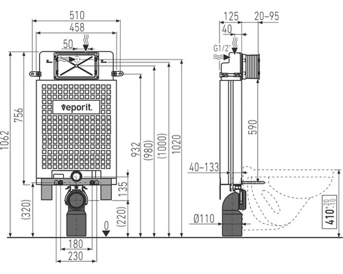 Technische Zeichnung eines Spülkastens mit Maßen