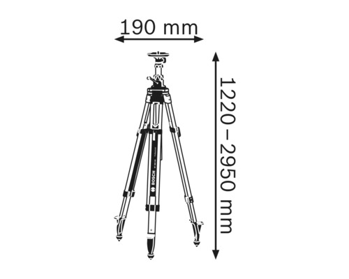 Abbildung eines Stativs mit den Maßen 190 Millimeter und 1220 bis 2950 Millimeter.