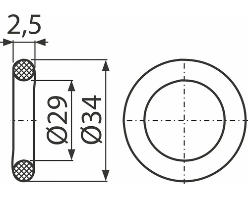 Technische Zeichnung eines O-Rings mit den Maßen 2,5 mm, Durchmesser 29 mm und Durchmesser 34 mm