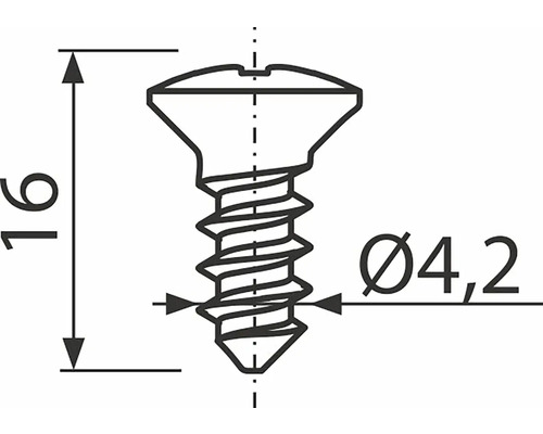 Technische Zeichnung einer Senkkopfschraube mit den Maßen 16 mm Länge und 4,2 mm Durchmesser