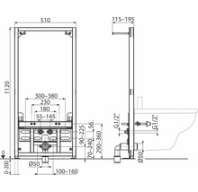 Technische Zeichnung eines Sanitärinstallationssystems mit Maßangaben.