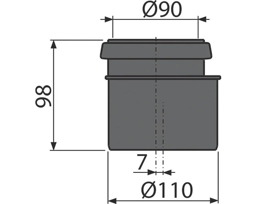 Technische Zeichnung eines Formstücks mit den Massen 98, 90 und 110 Millimeter