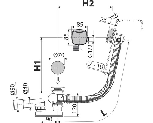 Technische Zeichnung einer Badewannenarmatur mit Maßangaben