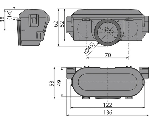 Technische Zeichnung eines Installationsgehäuses mit Maßangaben