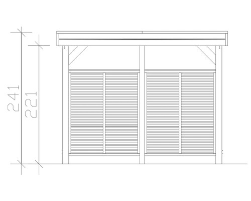 Zeichnung eines Gerätehauses mit Lamellenwand und Höhenangabe