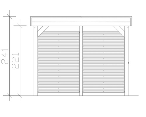 Technische Zeichnung eines Gerätehauses mit den Maßen 241 mal 221 Zentimeter.