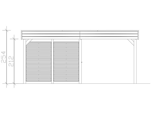 Technische Zeichnung eines Gartenhauses mit Lamellenwand