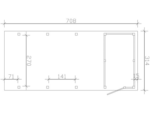 Grundrisszeichnung mit Maßangaben 708 x 314 cm