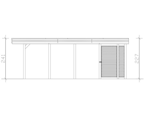 Illustration eines Gerätehauses mit Überdachung und Größenangaben.