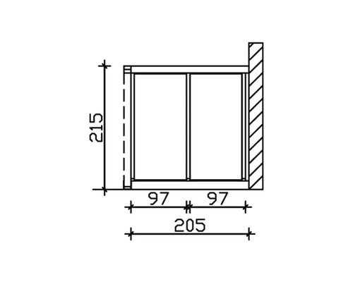 Technische Zeichnung eines Regals mit den Maßen 215 x 97 x 97 mm.
