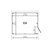 Technische Zeichnung mit Abmessungen eines Gartenhauses Modell C4.