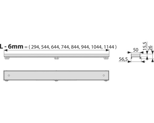 Technische Zeichnung eines Ablaufrinnengehäuses mit Maßangaben