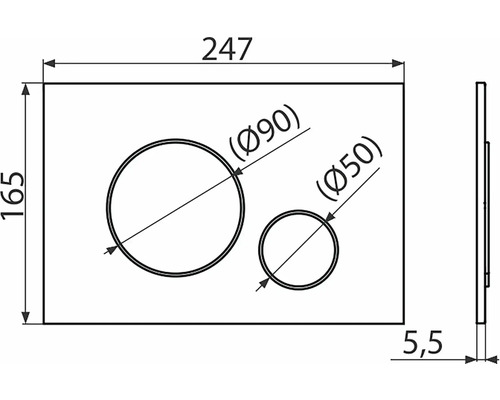 Technische Zeichnung einer Betätigungsplatte mit den Maßen 247 mal 165 Millimeter und den Durchmessern 90 und 50 Millimeter.