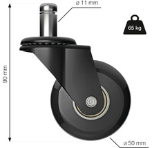 Schreibtischstuhlrolle mit den Maßen 90 mm Höhe und 50 mm Durchmesser, Traglast 65 kg
