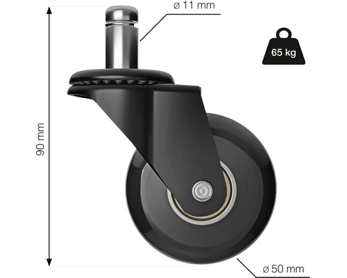 Schreibtischstuhlrolle mit den Maßen 90 mm Höhe und 50 mm Durchmesser, Traglast 65 kg