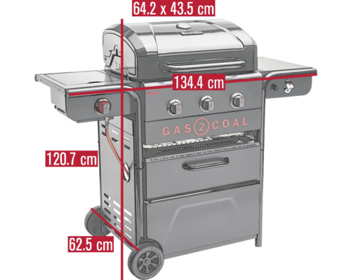 Gasgrill mit den Massen 64,2 x 43,5 cm, 134,4 cm, 120,7 cm und 62,5 cm