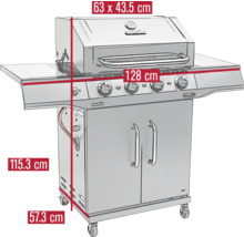 Grill mit den Maßen 63 x 43,5 cm, 128 cm, 115,3 cm und 57,3 cm.