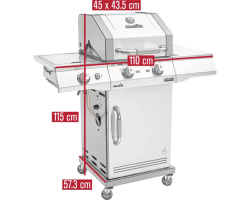 Char Broil Gasgrill mit den Maßen 45 x 43,5 cm, 110 cm, 115 cm und 57,3 cm.