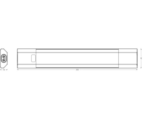 Technische Zeichnung einer Lampe mit den Maßen 500 mm Länge, 49 mm Höhe und 18 mm Tiefe