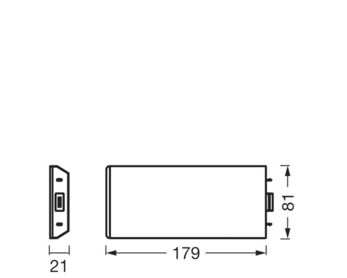 Maßzeichnung einer Leuchte mit den Maßen 179, 81 und 21 Millimeter