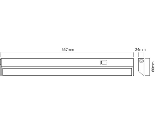 Technische Zeichnung einer Leuchte mit den Maßen 557 Millimeter Länge, 24 Millimeter Breite und 60 Millimeter Höhe