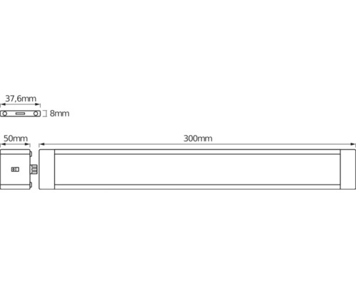 Technische Zeichnung einer 300 Millimeter langen LED Leuchte mit Maßangaben.