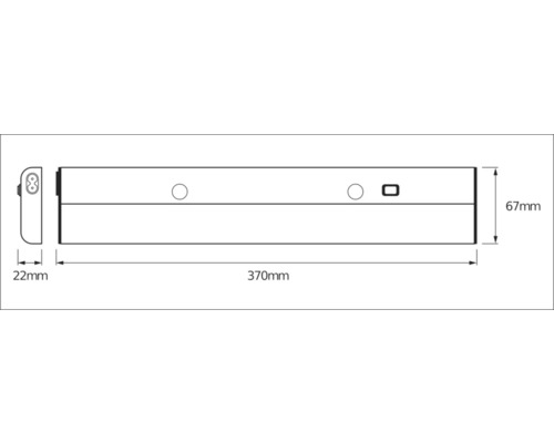Technische Zeichnung einer Lampe mit Maßen 370 mm Länge, 67 mm Höhe und 22 mm Tiefe