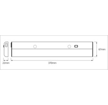 Technische Zeichnung einer Lampe mit den Maßen 370 mm Länge, 67 mm Höhe und 22 mm Tiefe