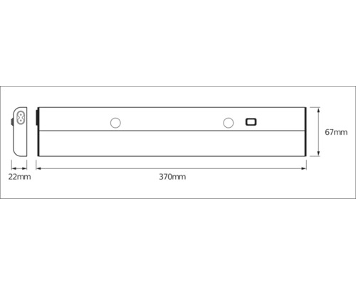 Technische Zeichnung einer Lampe mit den Maßen 370 mm Länge, 67 mm Höhe und 22 mm Tiefe