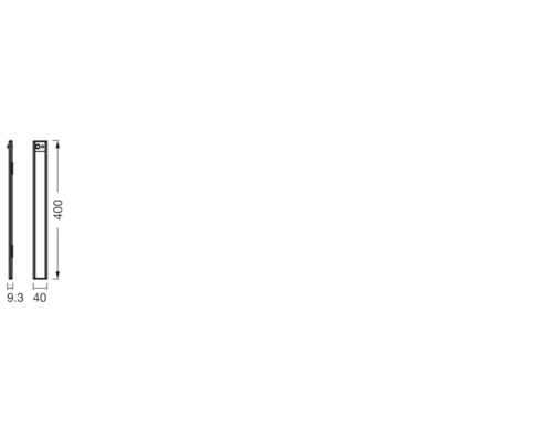 Technische Zeichnung einer LED-Wandleuchte mit den Maßen 400 mm Länge, 40 mm Breite und 9.3 mm Tiefe.