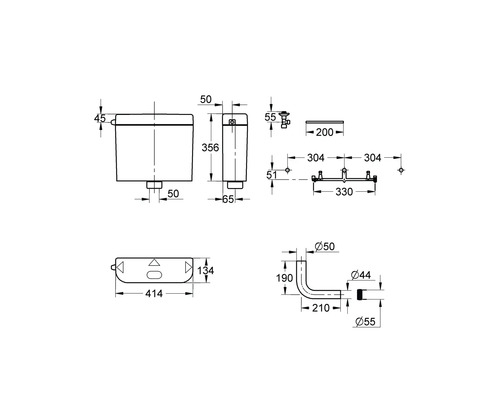 Technische Zeichnung eines Spülkastens mit Maßen