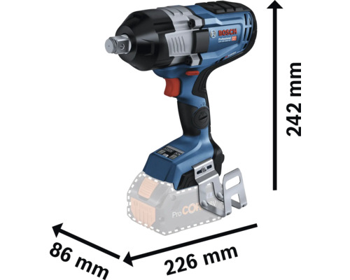 Bosch Akku-Drehschlagschrauber mit den Maßen 86 mm x 226 mm x 242 mm