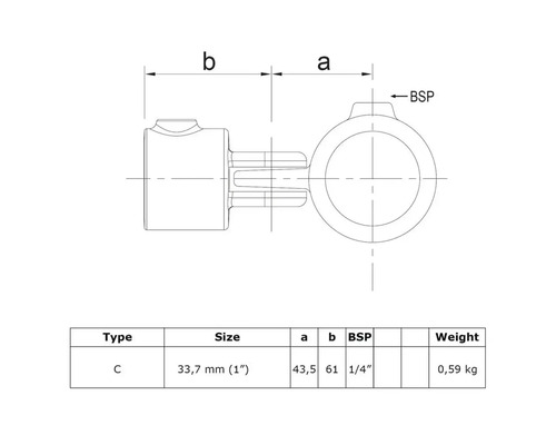 Technische Zeichnung eines Fittings mit Maßangaben und Gewichtsangabe