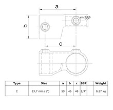 Technische Zeichnung Rohrverbinder Typ C, 33,7 mm (1 Zoll) mit Maßangaben