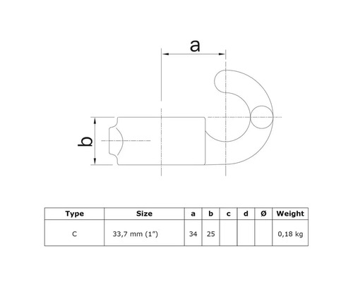 Technische Zeichnung eines Hakens Typ C mit den Maßen 33,7 mm und einem Gewicht von 0,18 kg.
