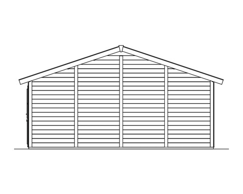 Illustration eines Gerätehauses mit Satteldach und horizontaler Holzverkleidung.