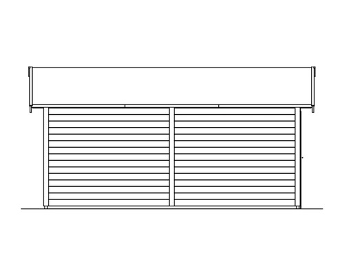 Zeichnung eines Gartenhauses mit horizontaler Holzverkleidung.