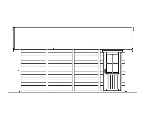 Illustration eines Gartenhauses mit Holztür und horizontaler Holzverkleidung